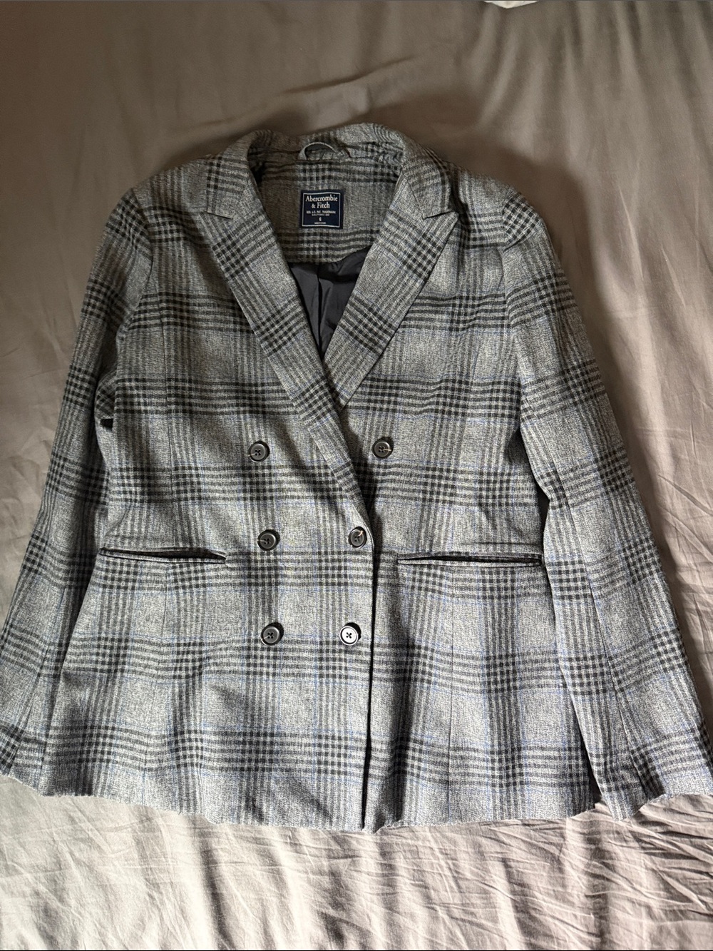Abercrombie & Fitch Gray Plaid Double-Breasted Blazer
